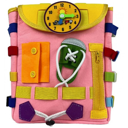 Ghiozdan Montessori, Cyrax, pentru Copii 2-6 ani, Fidget Pop, cu Catarame si Fermoare, Jucarii Senzoriale, Activitate de Invatare prin Joc, Roz, 0.25 kg, 28x10x23 cm