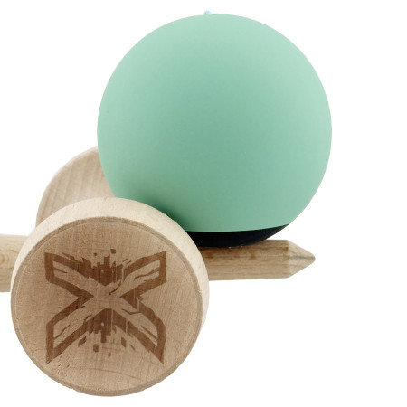 Kendama X Originala, Profesionala, Cyrax, Rubber Grip, Cupe Mari KING SIZE V3, Gaura in Baza, Rulment Metalic, din lemn 18 cm, Ata 62/65 cm, Bicolor Turcoaz/Albastru inchis