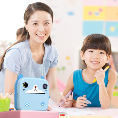 Camera Instantanee pentru Copii, Cyrax, cu Functie de Printare, Camera Frontala + Selfie, Cablu USB-C, Bluetooth, Compatibil iOS/Android, Imprimare APP, Model Pisica, Albastru