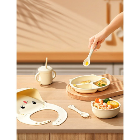 Set 4 Piese Hranire Bebelusi si Copii, Cyrax, din Silicon, fara BPA, de la 12 Luni, Model Pisicuta, 28 x 26 x 2 cm, Bej