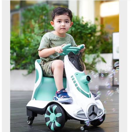 Masinuta electrica cu telecomanda pentru copii, Cyrax, roti spate rotire 360, curea siguranta, baloane de sapun, lumini si sunete, self control si prin telecomanda, cu pedale de acceleratie si frana, verde