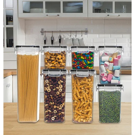 Cutii de depozitare alimente, Cyrax, Set din 7 Cutii pentru Condimente, Cereale, Cutii pentru Bucatarie, din Plastic PP, Cutii Alimentare, Diferite Dimensiuni, Transparente