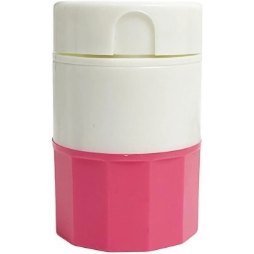 Cutie Pastile Multifunctionala,  4 in 1, Pahar Apa, Taiere, Sfaramare, Depozitare, Compact, ABS cu Lama din Inox, Alb/Roz, 8.7x6.2x4.1 cm
