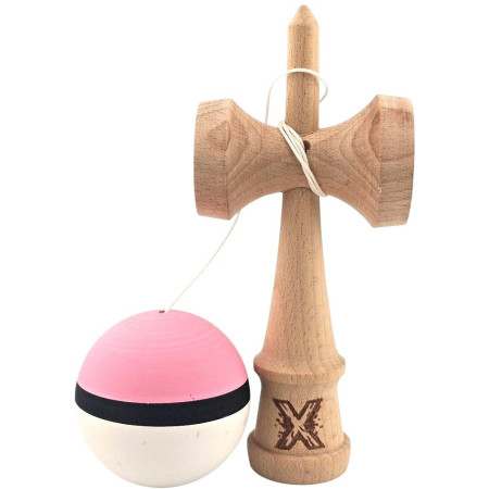 Kendama X Originala, Profesionala, Cyrax, din Lemn, 18 cm, Rubber Grip, Roz/Negru/Alb