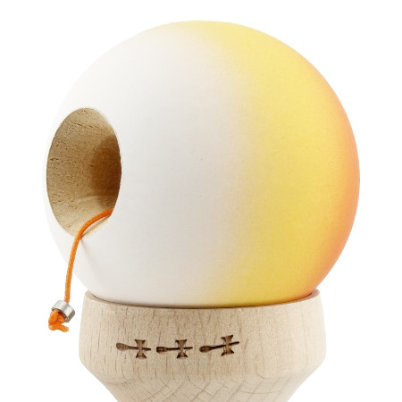 Kendama X Originala, Profesionala, Cyrax, Cupe Mari KING SIZE V3, Rubber Grip, Gaura in Baza, Rulment Metalic, din lemn 18 cm, Ata 62/65 cm, Gradient Portocaliu/Galben/Alb