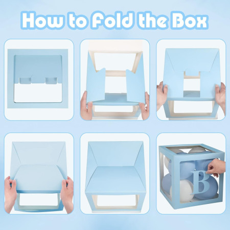 Set 4 Cutii pentru Baloane, Cyrax, Model Scris Baby, Tematica Iubire, Cuburi Decorative din Plastic, Accesorii pentru Petrecere, 30 x30 cm, Transparente Contur Albastru