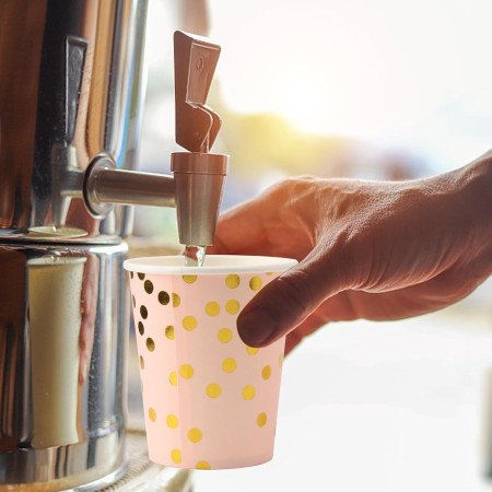 Set 10 Pahare, Cyrax, Imprimeu cu Buline, din Carton, 250 ml, 7.5 x 8.5 x 5.2 cm, Roz/Auriu