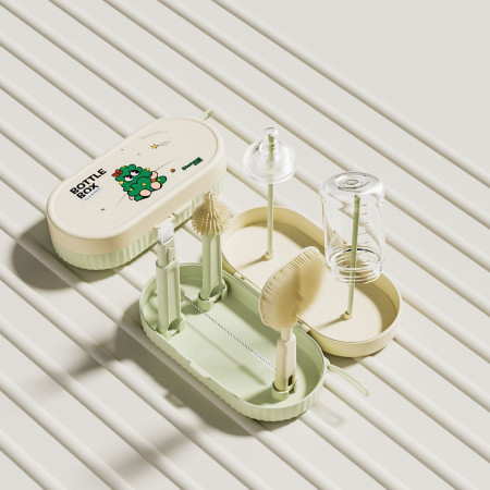 Set 7 Piese de Spalat/Uscat Biberoane, Cyrax, Portabil, Peri de Silicon, pentru Tetine, Suzete, Biberoane, Paie, Cutie Inclusa, 20 x 9.5 cm, Verde