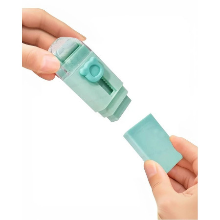 Radiera Retractabila,  Model Ursulet, Reglare Push-Pull, Radiera de tip Push, Doua Radiere de Rezerva in set din Cauciuc, Verde deschis