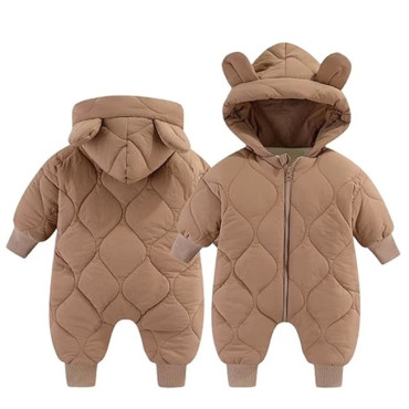 Combinezon de Iarna, Cyrax, pentru Bebelusi, din Bumbac, cu Urechi, Mansete Elastice, Unisex, 66 cm, Maro