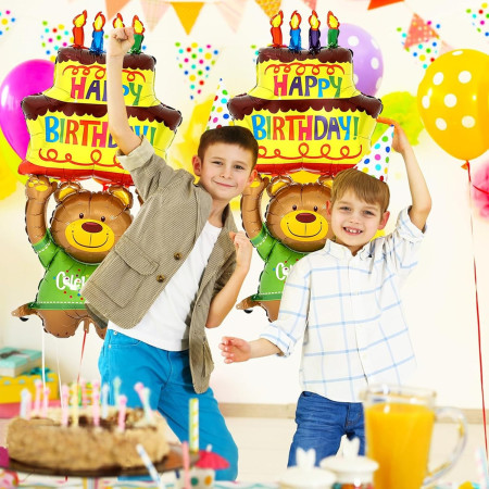 Balon din Folie Metalizata, Cyrax, Figurine Animalute, Model Ursulet cu Tort Aniversar, 124x65 cm, Ambalaj Individual, Pai Inclus, Umflare cu Aer sau Heliu, Multicolor