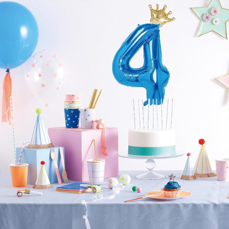 Balon din Folie Metalizata Cyrax, Figurina Cifra si Coroana, Tema Aniversare 100 cm, Ambalaj Individual, Pai inclus, Umflare cu Aer sau Heliu, Albastru, Cifra 4