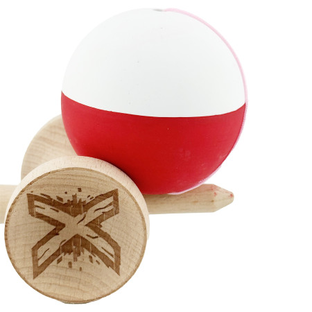 Kendama X Originala, Profesionala, Cyrax, Big Cups V2, Rubber Grip cu Cupe Mari, Rulment Metalic cu Ata 55 cm, Alb/Rosu