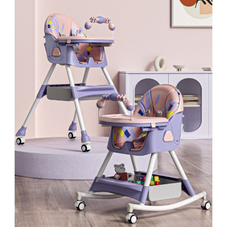 Scaun de Masa pentru Bebelusi si Copii, Cyrax, 2 Tavite cu Jucarii si Husa Detasabile, Multifuncțional, Stabil, Centura de Siguranta, Spatar Reglabil Moale, Balansoar, Cos de Depozitare, de la 6 Luni, 97x73x65cm, Mov