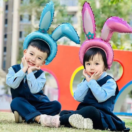 Balon din Folie Metalizata, Cyrax, Tip Coronita cu Urechi, Model Iepure, Ambalaj Individual, Pai Inclus, Umflare cu Aer sau Heliu, 38 x 45 cm, Albastru