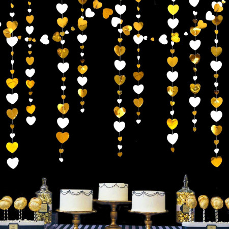 Banner cu Inimioare, Cyrax, Tip Franjuri, 4 m, Rola de Ata Inclusa, Auriu/Alb