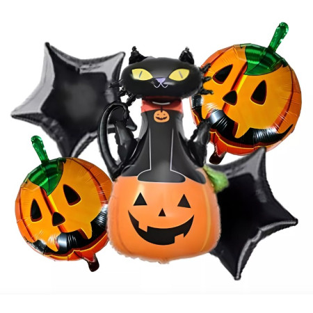 Set 5 Baloane din Folie Metalizata, Cyrax, Figurine, Tema Halloween, Pai Inclus, Ambalaj Individual, Umflare cu Aer sau Heliu, Figurina Dovleac si Pisica 90x60 cm, Stelute si Cerculete 45 cm, Portocaliu-Negru