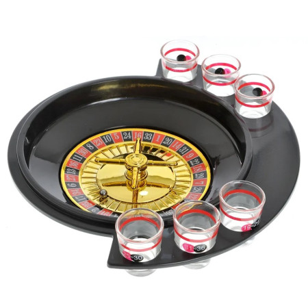 Joc de Baut Ruleta Cyrax, cu 6 Pahare de Shot din Sticla , 30 x 26.5 x 6.5 cm, Rosu/Negru