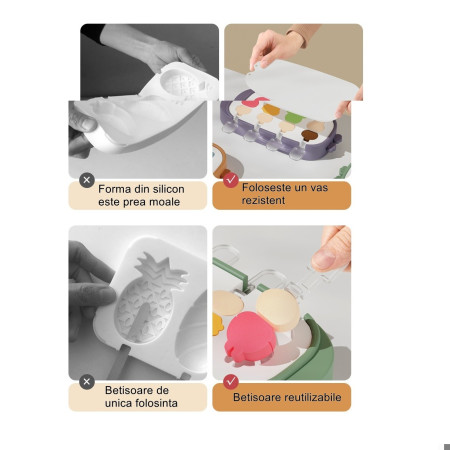 Forma pentru inghetata Cyrax, 4 compartimente, forme cu animalute, materialsilicon si ABS, 21 x 12.8 x 3cm, mov