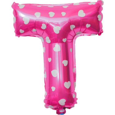 Balon Folie Metalizata Litera T, Cyrax, 40 cm, Cu Imprimeu Inimioare, Umflati cu Heliu sau Aer, Ambalaj Individual, Pai inclus, Roz