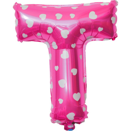 Balon Folie Metalizata Litera T, Cyrax, 40 cm, Cu Imprimeu Inimioare, Umflati cu Heliu sau Aer, Ambalaj Individual, Pai inclus, Roz