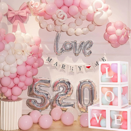 Set 4 Cutii pentru Baloane, Cyrax, Model Scris Love, Tematica Iubire, Cuburi Decorative din Plastic, Accesorii pentru Petrecere, 30 x30 cm, Transparente Contur Alb