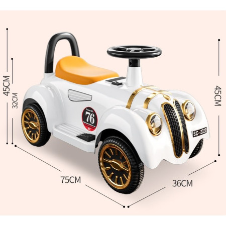 Masinuta Electrica Cyrax, Model de Epoca, cu Acumulator, Sistem Anti-Rasturnare, Sistem de Lumini si Sunet, 1-5 Ani, 75 x 36 x 45 cm, Alb
