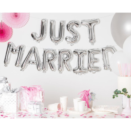 Set Baloane din Folie Metalizata, Cyrax, Figurine Litere, Model Just Married, Tema Nunta, 40 cm, Baloane Party, Ambalaj Individual, Pai inclus, Umflare cu Aer sau Heliu, Argintiu