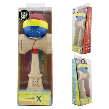 Kendama X Originala, Profesionala, Cyrax, Tricolor Edition cu Stele, Super Sticky cu Cupe Mari KING SIZE V3, Rulment Metalic si Gaura in Baza, din Lemn 18 cm, Ata 62/65 cm, Multicolor