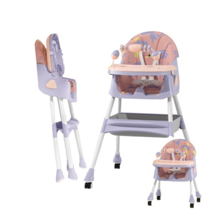 Scaun de Masa 2in1, Cyrax, pentru Copii de la 6 luni - 5 Ani, Inaltime Reglabila, Centura in 5 Puncte, Tava de Masa, Roti cu Frana, Cos Depozitare, Jucarie Inclusa, 94 x 78 x 60 cm, Roz/Mov