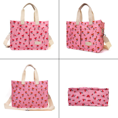Geanta de Mana/Umar, Multifunctionala,  Inchidere cu Capsa, Imprimeu Cirese, Material Textil, 33.5 x 25 x 14.5 cm, Roz