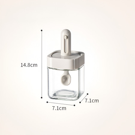 Recipient pentru Depozitarea Condimentelor, Cyrax, Borcan din Sticla, Capac si Lingura Incorporate, Uz Casnic, 300 ml, 7.1x7.1x14.8 cm, Gri
