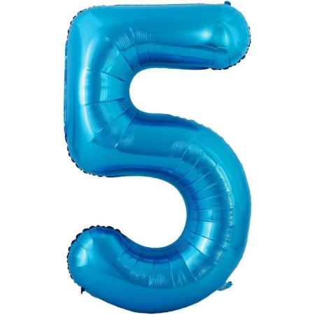 Balon din Folie Metalizata Cyrax, Figurina Cifra si Coroana, Tema Aniversare 100 cm, Ambalaj Individual, Pai inclus, Umflare cu Aer sau Heliu, Albastru, Cifra 5