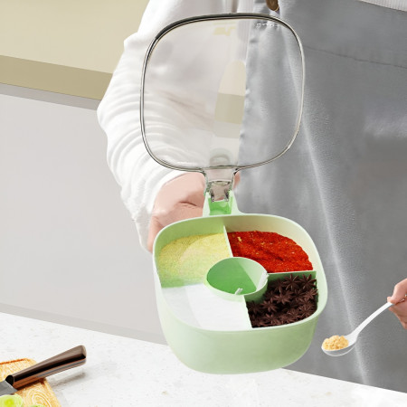 Cutie de Depozitare a Condimentelor, Cyrax, de Uz Casnic, cu Maner Stabil, cu Capac, 4 Compartimente Principale, 21 x 14 x 10 cm, Verde