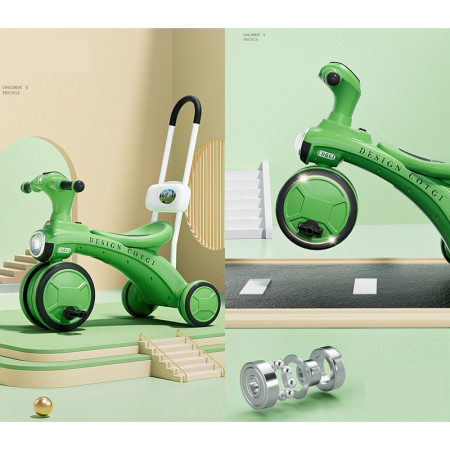 Tricicleta pentru copii Cyrax, pedalare, impingere, lumini si sunete, pedale antiderapante, material dur, cos depozitare, varsta peste 18 luni, 80x40x52 cm, verde