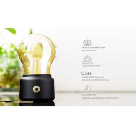 Lampa LED Decorativa sub forma de Bulb, Retro pentru interior, Negru/ Transparent, 5 V, 500 mA, ABS, Lumina Calda, Incarcare USB, Autonimie 12 Ore, Comutator Metalic,  11x7x6 cm