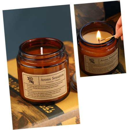 Lumanare Parfumata,  Model Borcan Maro, Aroma de Lemn de Santal, din Ceara Vegetala, 6 x 6.5 x 6.5 cm, Maro