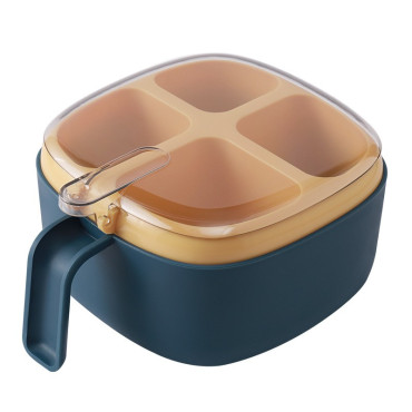 Recipient pentru condimente Cyrax, 4 casute, potrivit pentru sare, cimbru, piper, condimente, 4 lingurite din plastic, capac din plastic, maner, 14x14x8 cm, albastru