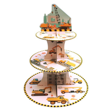Etajera pentru Prajituri, Cyrax, din Carton, 3 Nivele, 16/22/29 cm Diametru, Inaltime 38 cm, Tema Utilaje de Santier, Multicolor