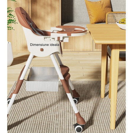 Scaun de masa pentru bebelusi si copii Cyrax, cu roti, telescopic, pliabil, masuta reglabila, suport picioare, scaun invelis piele artificiala, centura siguranta, spatiu depozitare, 97 x 73 x 65 cm, maro