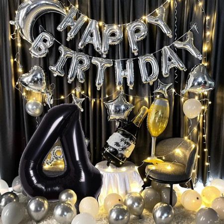 Balon din Folie Metalizata, Cyrax, Figurina Cifra, Tema Aniversare 100 cm, Ambalaj Individual, Pai inclus, Umflare cu Aer sau Heliu, Negru, Cifra 4