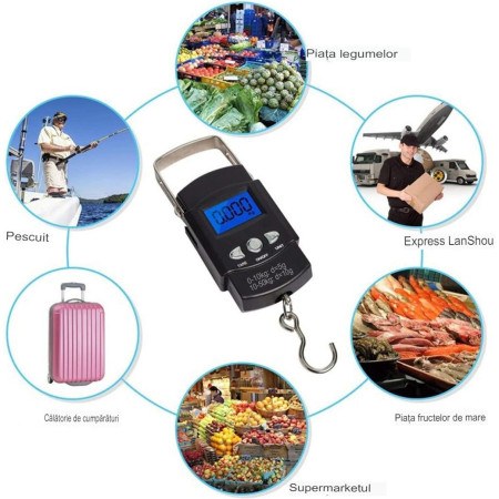 Cantar Digital de Mana cu Carlig, Cyrax, Cantar Portabil, Pescuit, cu Maner, Capacitate 50 kg, cu Metru Incorporat, 20.5 x 6 x 2.5 cm, Negru