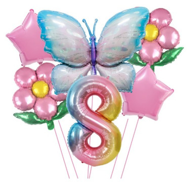 Cyrax Set baloane aniversare cu numere, din folie de aluminiu, 6 piese, 2 flori, 2 stelute, 1 fluture, 1 cifra, Multicolor, Cifra 8