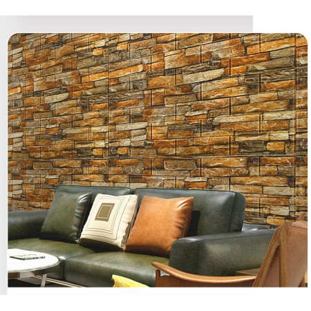 Set 10 Placi Tapet 3D,  70 x 77 cm, Grosime 3 mm, din Polietilena, Model Caramida, Suprafata acoperita 5.3 mp, Piatra Galbena