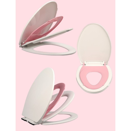 Capac de Toaleta cu Reductie 3 in 1, Cyrax, pentru Copii +3 Ani si Adulti, Coborare Lenta si Silentioasa, Instalare Usoara, din PP5 , in Forma de V, Alb/Roz