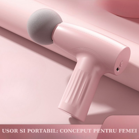 Mini Aparat de Masaj,  Tip Pistol, Incarcare USB Tip C, Portabil, Pentru Relaxare Musculara, Autonomie 120 Min, 3 Trepte de Viteza, Roz