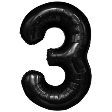 Balon din Folie Metalizata Cyrax, Figurina Cifra, Tema Aniversare 40 cm, Ambalaj Individual, Pai inclus, Umflare cu Aer sau Heliu, Negru, Cifra 3