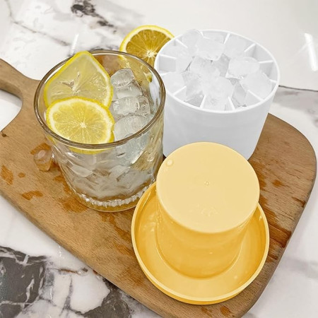 Tava de Gheata din Silicon cu Capac, Cyrax, Forma de Gheata pentru Racirea Bauturilor, in Forma de Pahar, Silicon fara BPA, Cuburi de Gheata, 9x8.5x8 cm, Galben