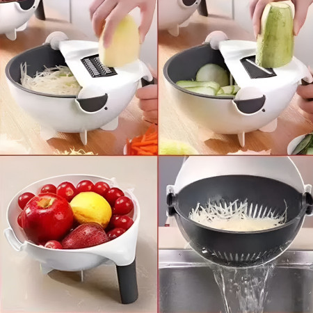 Tocator Multifunctional, Cyrax, Lame Otel Inoxidabil, cu Suport Scurgere, Maner, Protectie Mana, 22x22x12 cm, Alb Negru