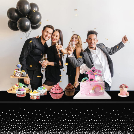 Fata de Masa, Cyrax, din PEVA, Imprimeu Buline Argintii, 137 x 274 cm, Impermeabila, Fara Pete, Curatare Rapida, Negru